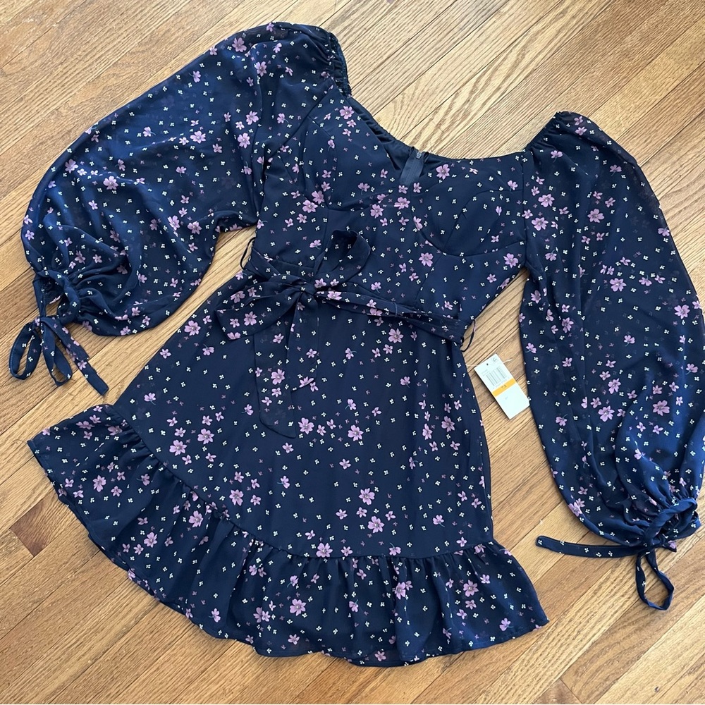 B.Darlin Balloon Sleeves Mini Dress Romantic Floral Ruffle Belted Size 7/8
